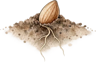A seed resting in soil with its first roots