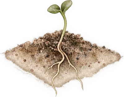 A sprout with two small leaves rising from the soil