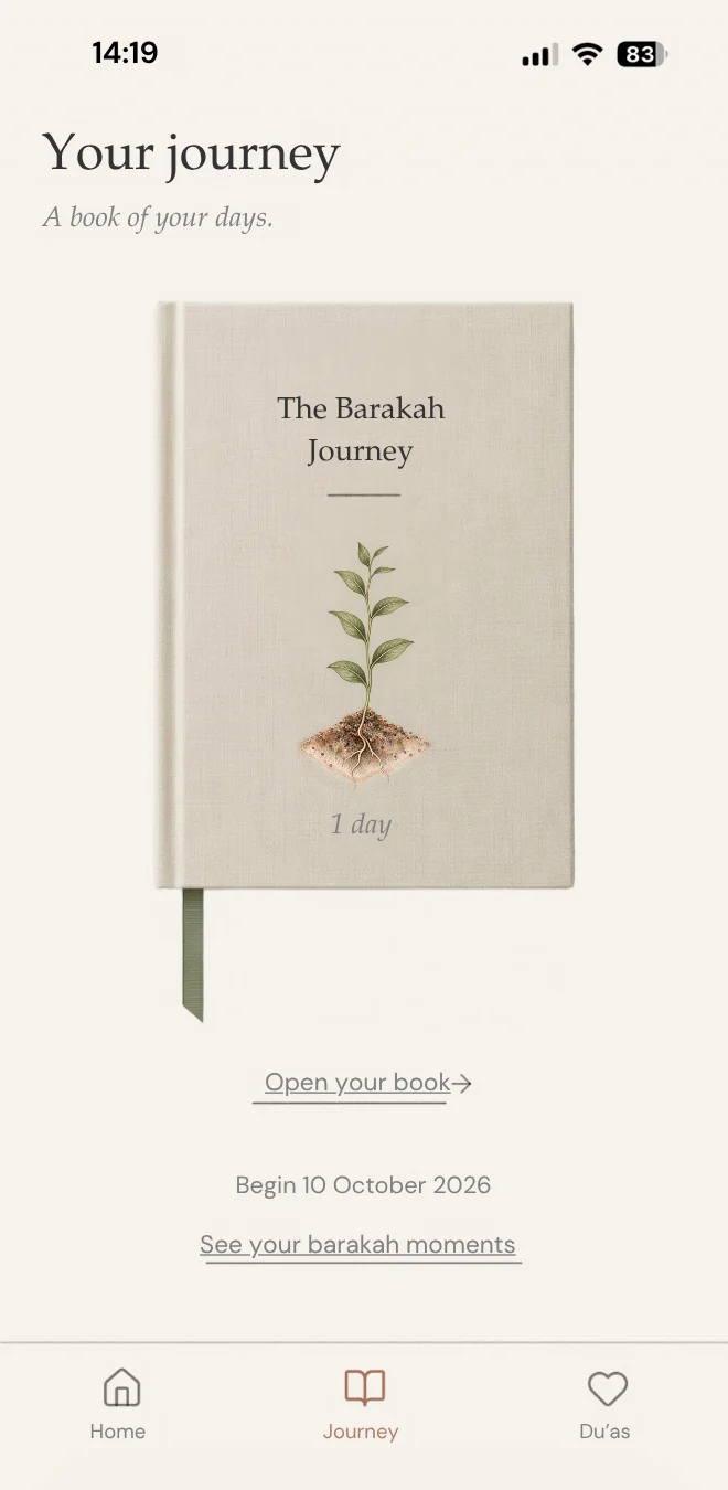 The Journey screen showing the linen book cover with a growing plant